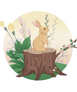 Carte double 15×15 cm – Dessin d’un lapin entouré de fleurs qui se repose sur une souche